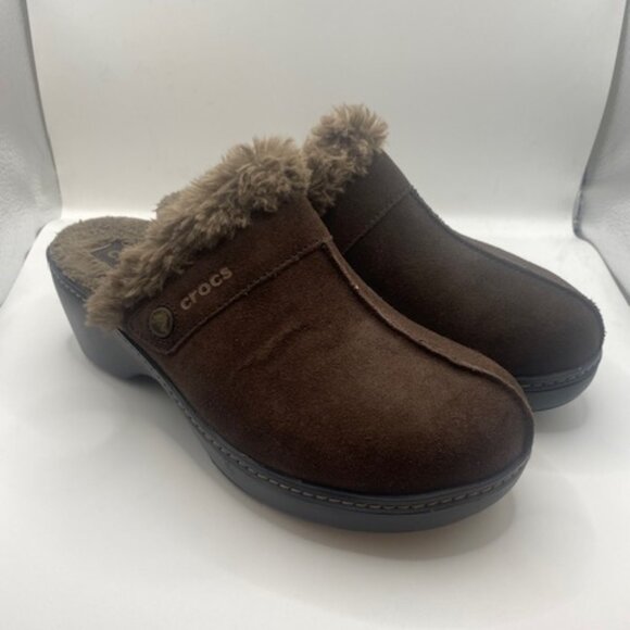 Crocs Cobbler Eva Brown Faux Fur Lined Clogs Mules - Picture 1 of 9